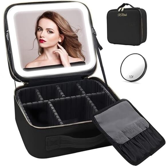 Travel Makeup Bag with Mirror of LED Lighted, Makeup Train Case with Dividers - Picture 7 of 7
